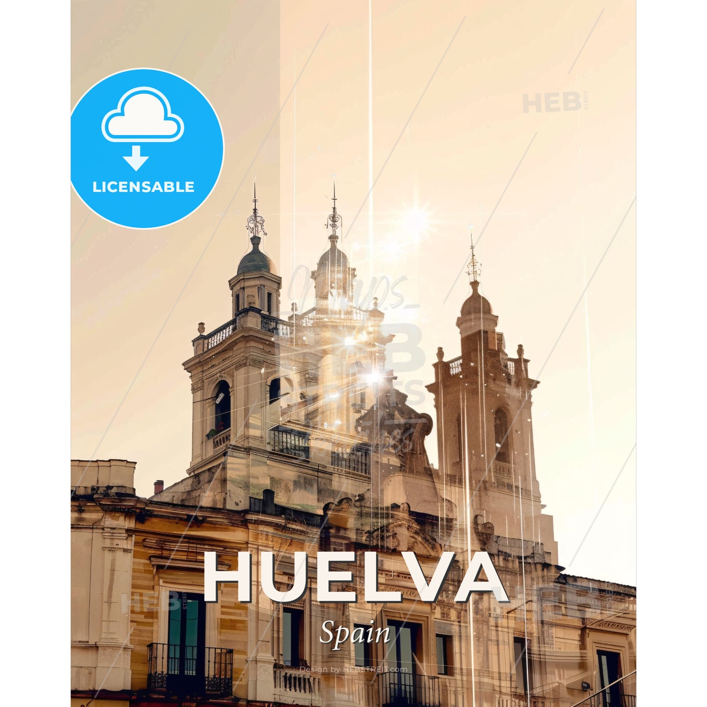 Discover Huelva through double exposure art - A building with a tower and a bell tower - Square format print template