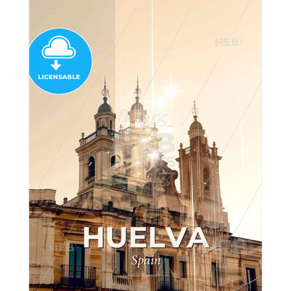 Discover Huelva through double exposure art - A building with a tower and a bell tower - Square format print template
