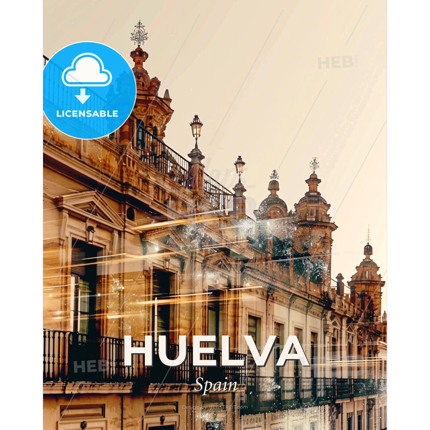 Huelva City Skyline, Double Exposure Composite - A building with a balcony and lights - Square format print template