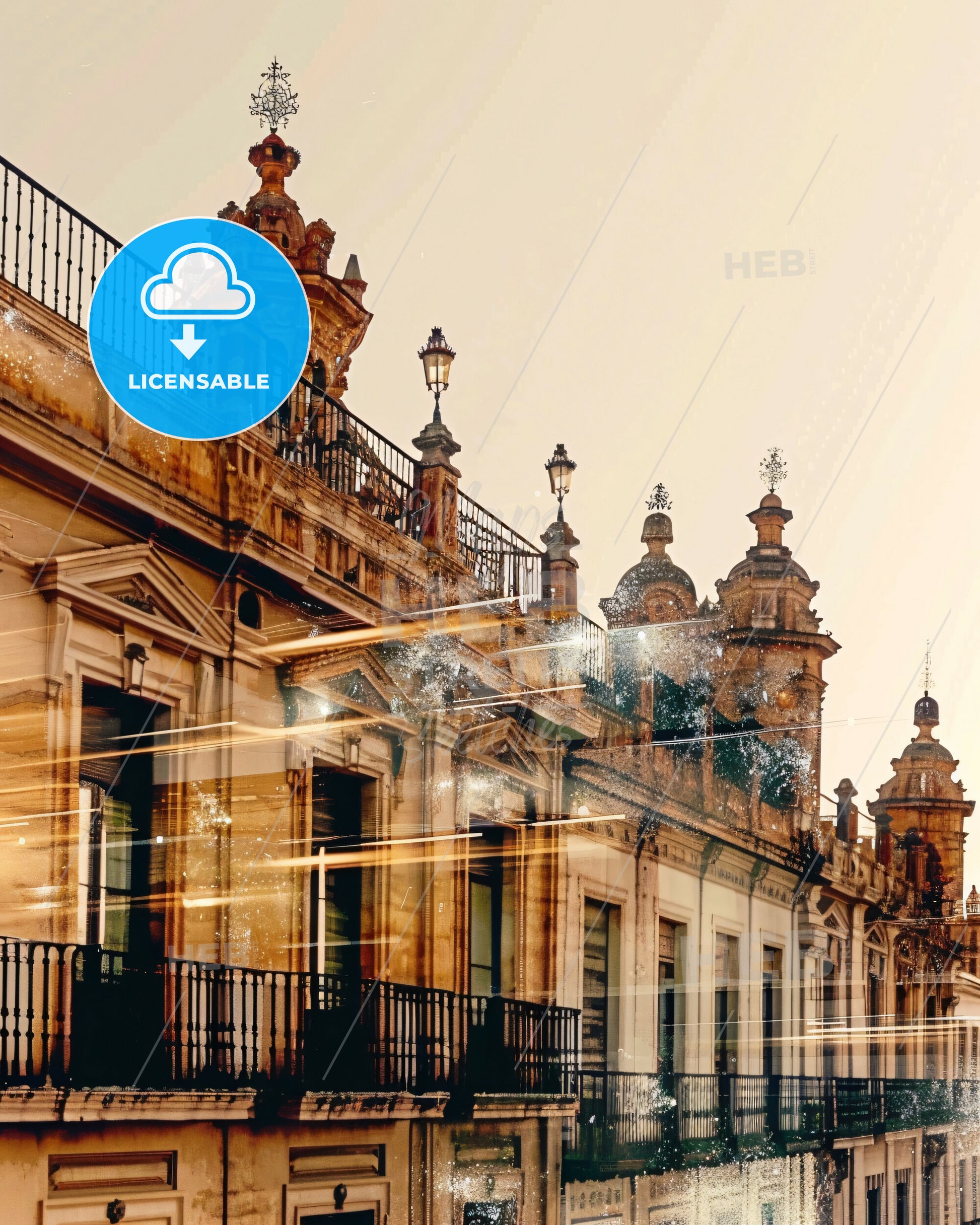 Huelva City Skyline, Double Exposure Composite - A building with a balcony and lights