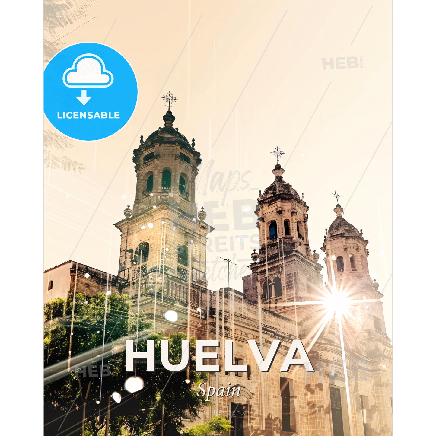 Huelva City Skyline Double Exposure Composite Art Poster - A building with a large tower - Square format print template