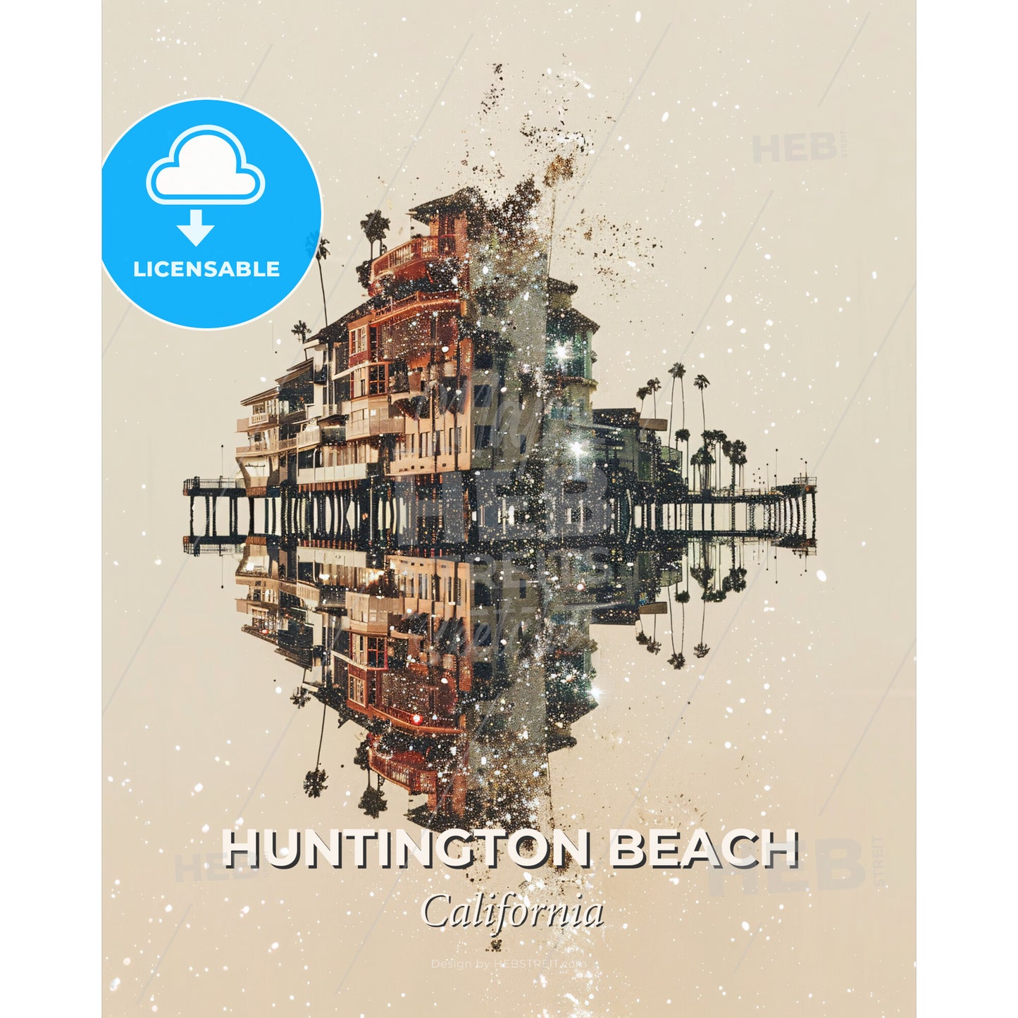 Huntington Beach: City Skyline Composite Art Design - A reflection of a building in water - Square format print template