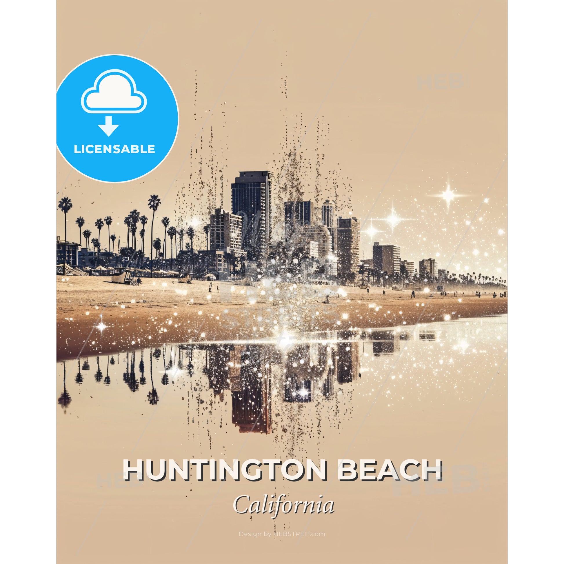 Huntington Beach Skyline Beauty: Poster of Local Icons - A city skyline with a body of water - Square format print template