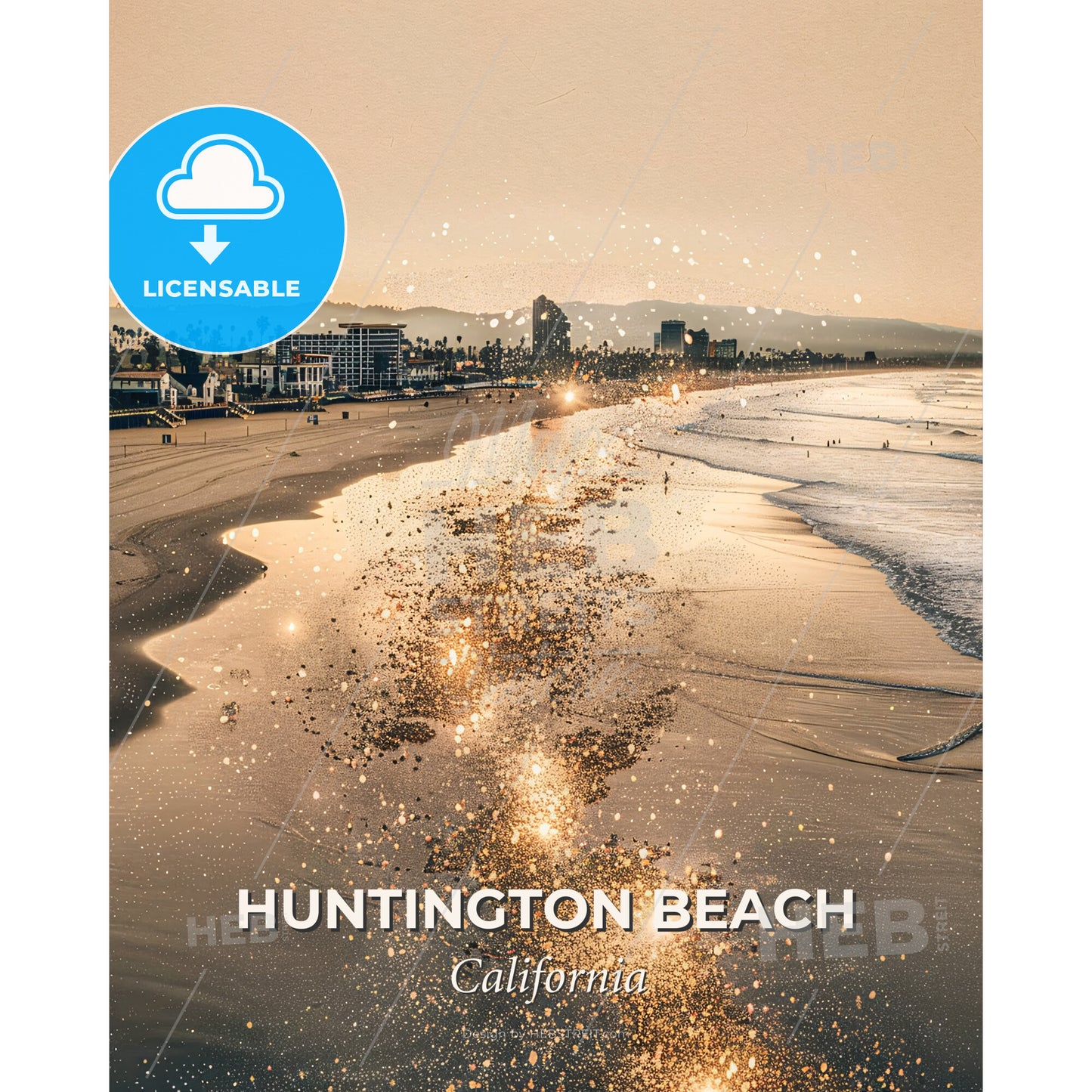 Huntington Beach City Lightscape Poster - A beach with buildings and water - Square format print template