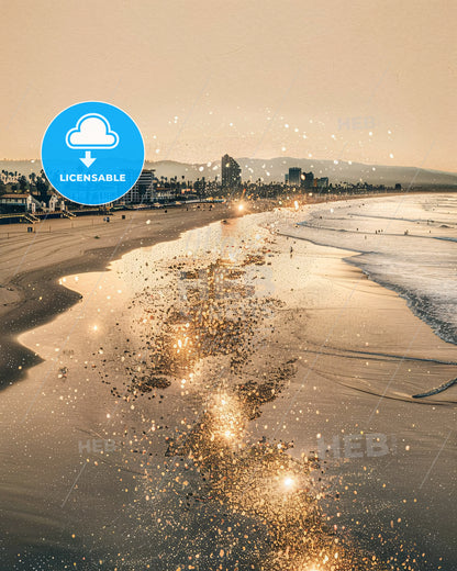 Huntington Beach City Lightscape Poster - A beach with buildings and water