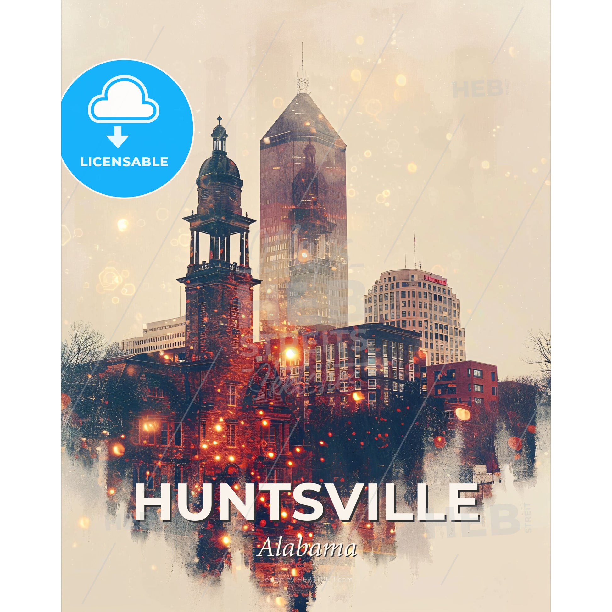 Huntsville City Skyline Double Exposure Art Print - A city skyline with a tower and a building - Square format print template