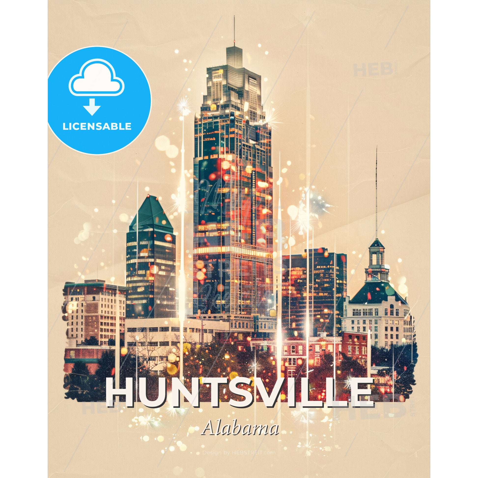 Huntsville Skyline Composite Poster - Local Icons and Beige Backdrop - A city skyline with lights - Square format print template