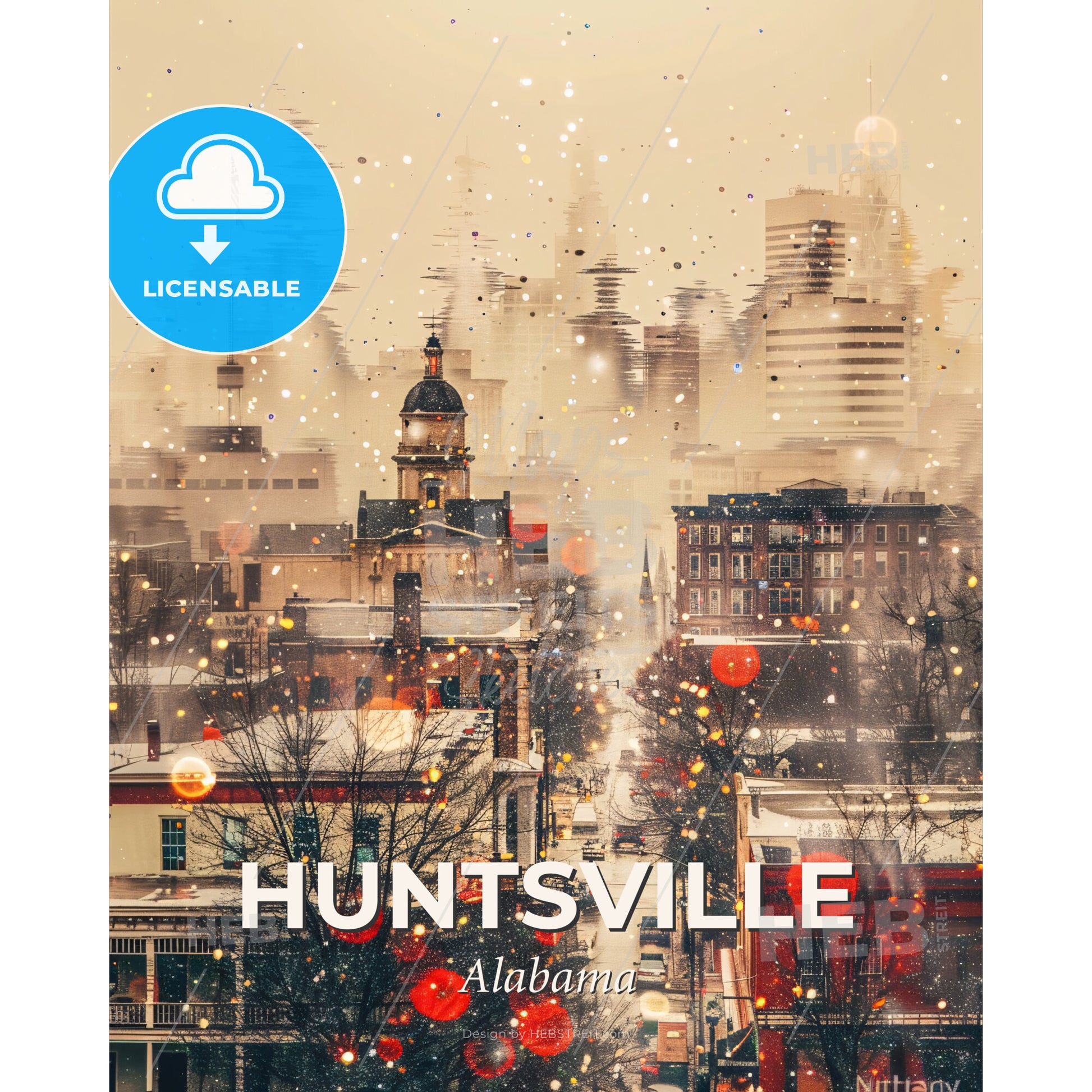 Huntsville City Composite Art Deco Skyline Beauty - A city with snow falling - Square format print template