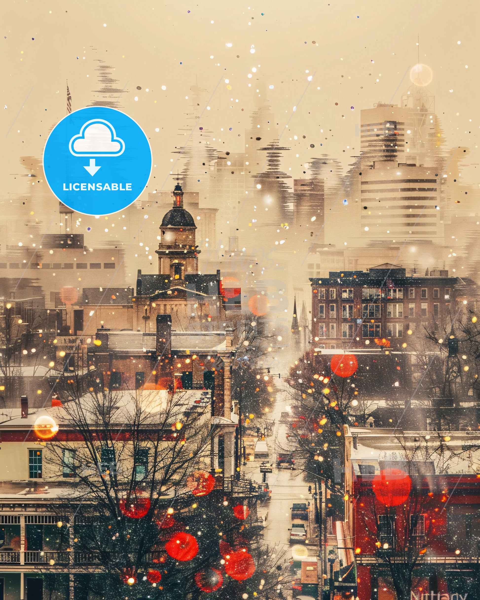 Huntsville City Composite Art Deco Skyline Beauty - A city with snow falling