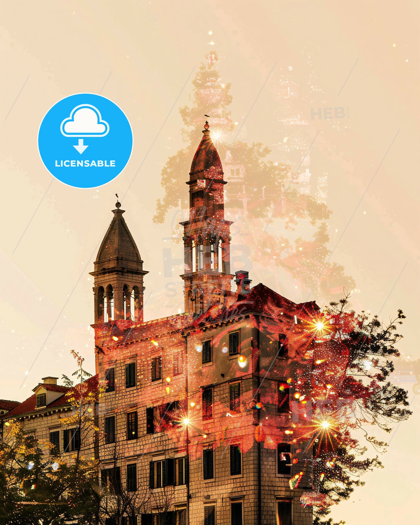 Hvar Skyline Composite Art: Double Exposure, Local Colors - A building with a tower and fireworks