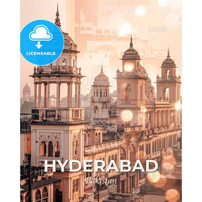 Hyderabad, Pakistan: A Captivating Skylinescape - A building with towers and a city in the background - Square format print template