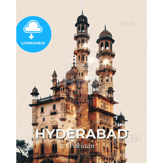 Hyderabad, Pakistan: Skyline Composite Poster - A building with many towers - Square format print template