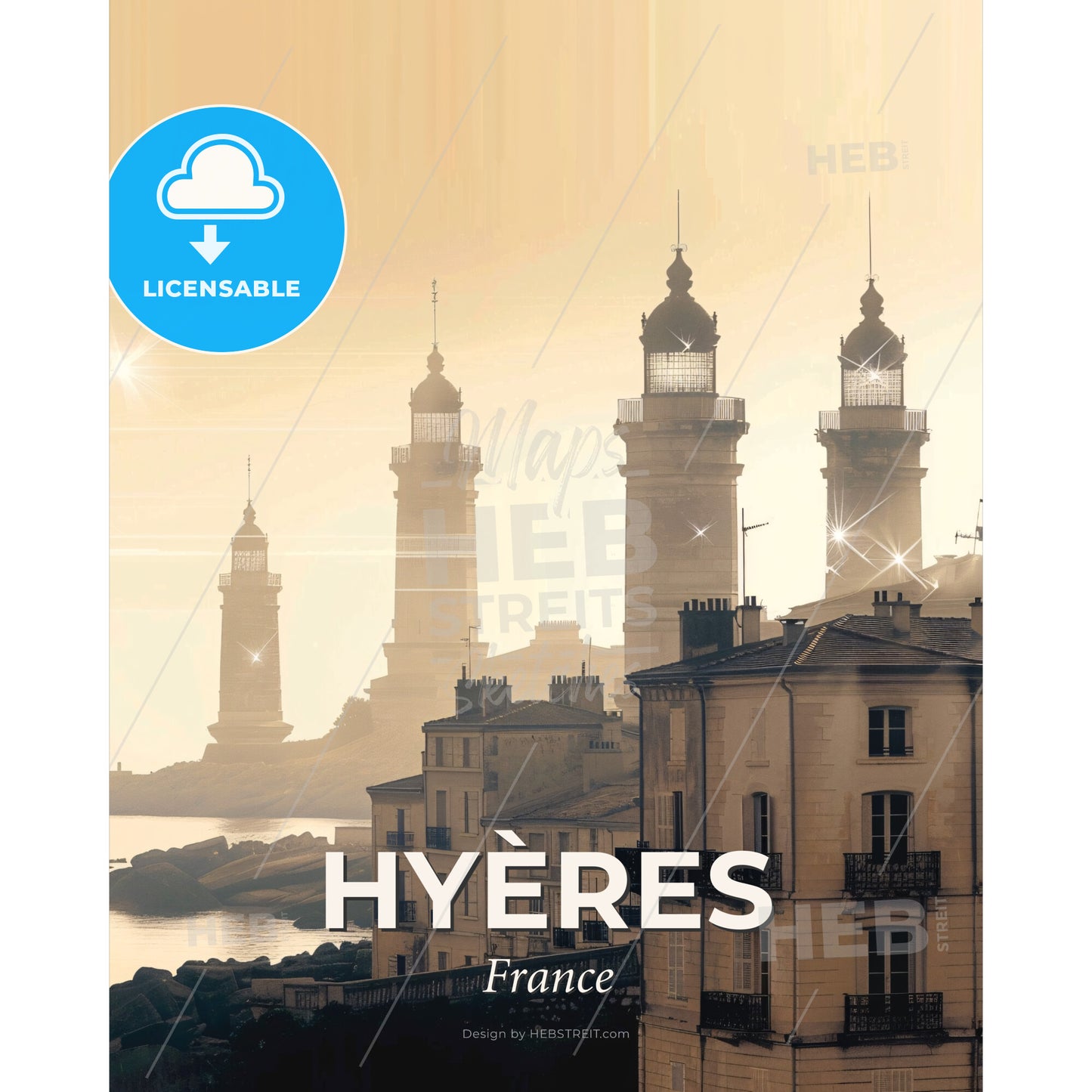 Hyères Skyline Silhouette Night Lights Poster - A group of buildings with towers and a body of water - Square format print template