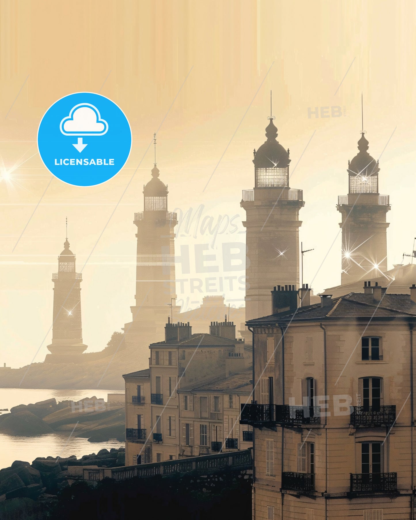 Hyères Skyline Silhouette Night Lights Poster - A group of buildings with towers and a body of water