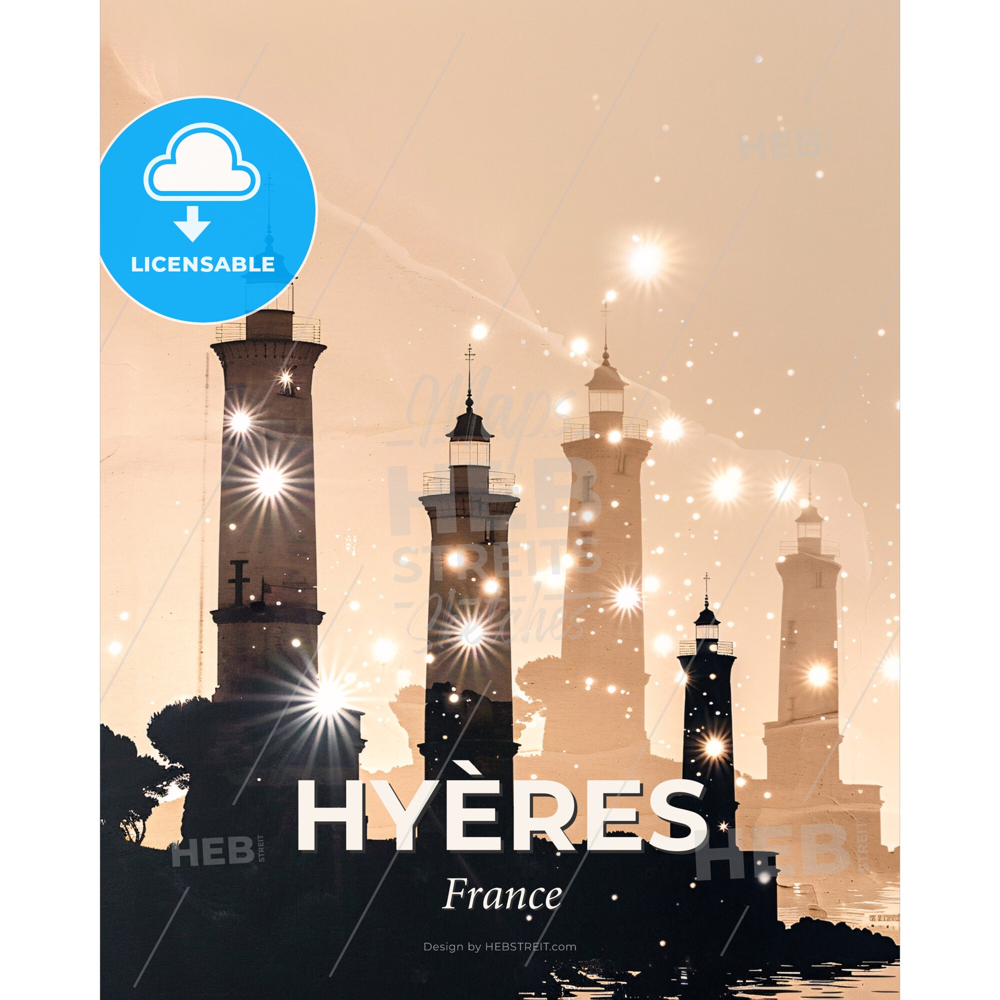Hyères double exposure poster art with sparkles - A group of lighthouses with lights - Square format print template