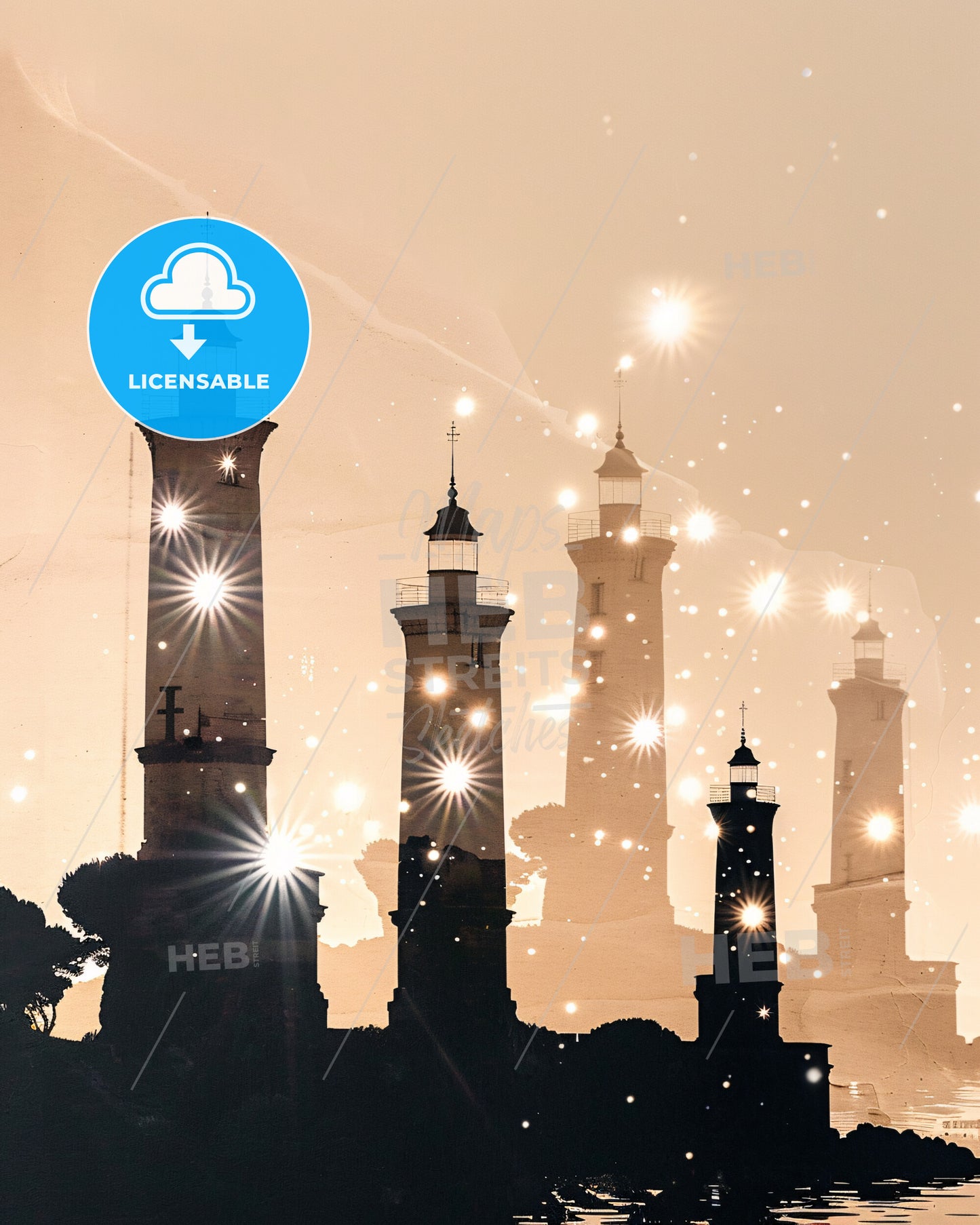 Hyères double exposure poster art with sparkles - A group of lighthouses with lights
