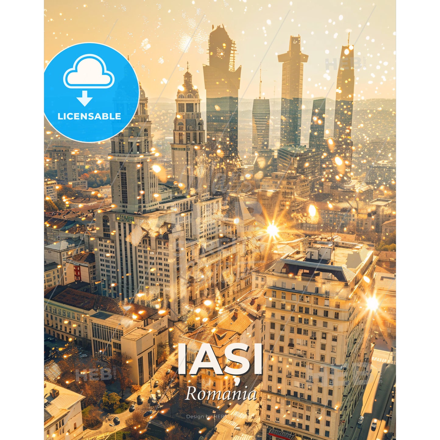 Iași City Skyline and Architecture Icons Poster - A city with many tall buildings - Square format print template