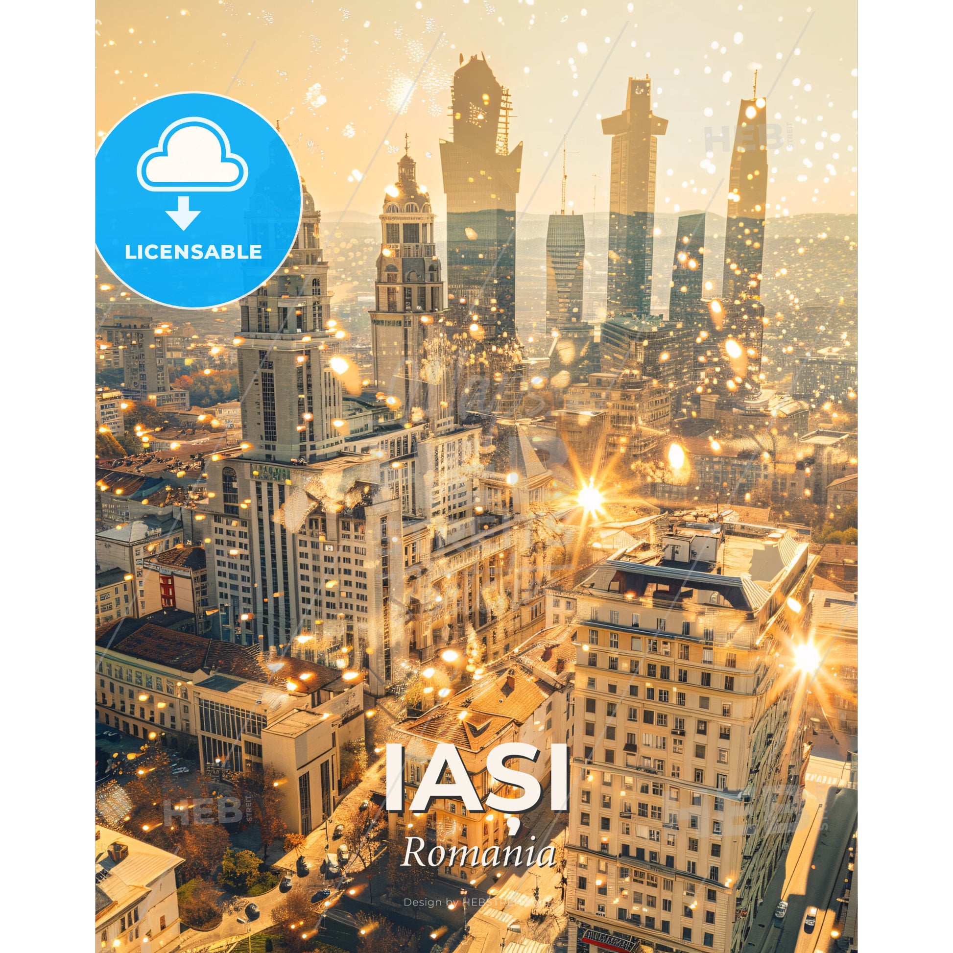 Iași City Skyline and Architecture Icons Poster - A city with many tall buildings - Square format print template