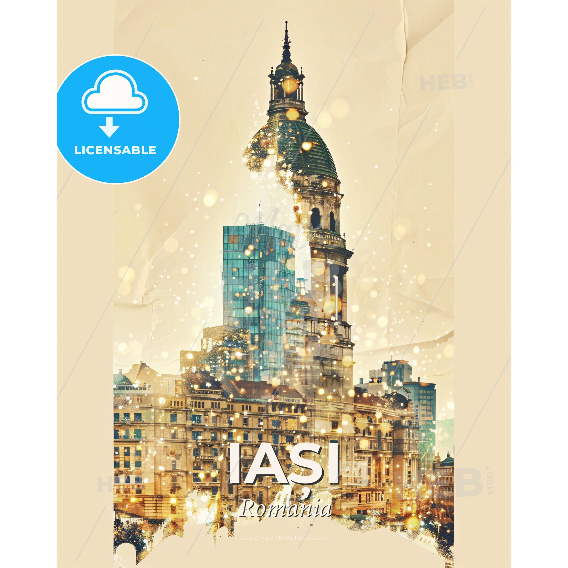 IaÈ™i City Skyline Double Exposure Art Poster - A city with a tower - Square format print template
