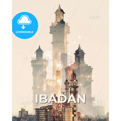 Ibadan: City Sparks in Silhouette - A city skyline with towers and fire - Square format print template