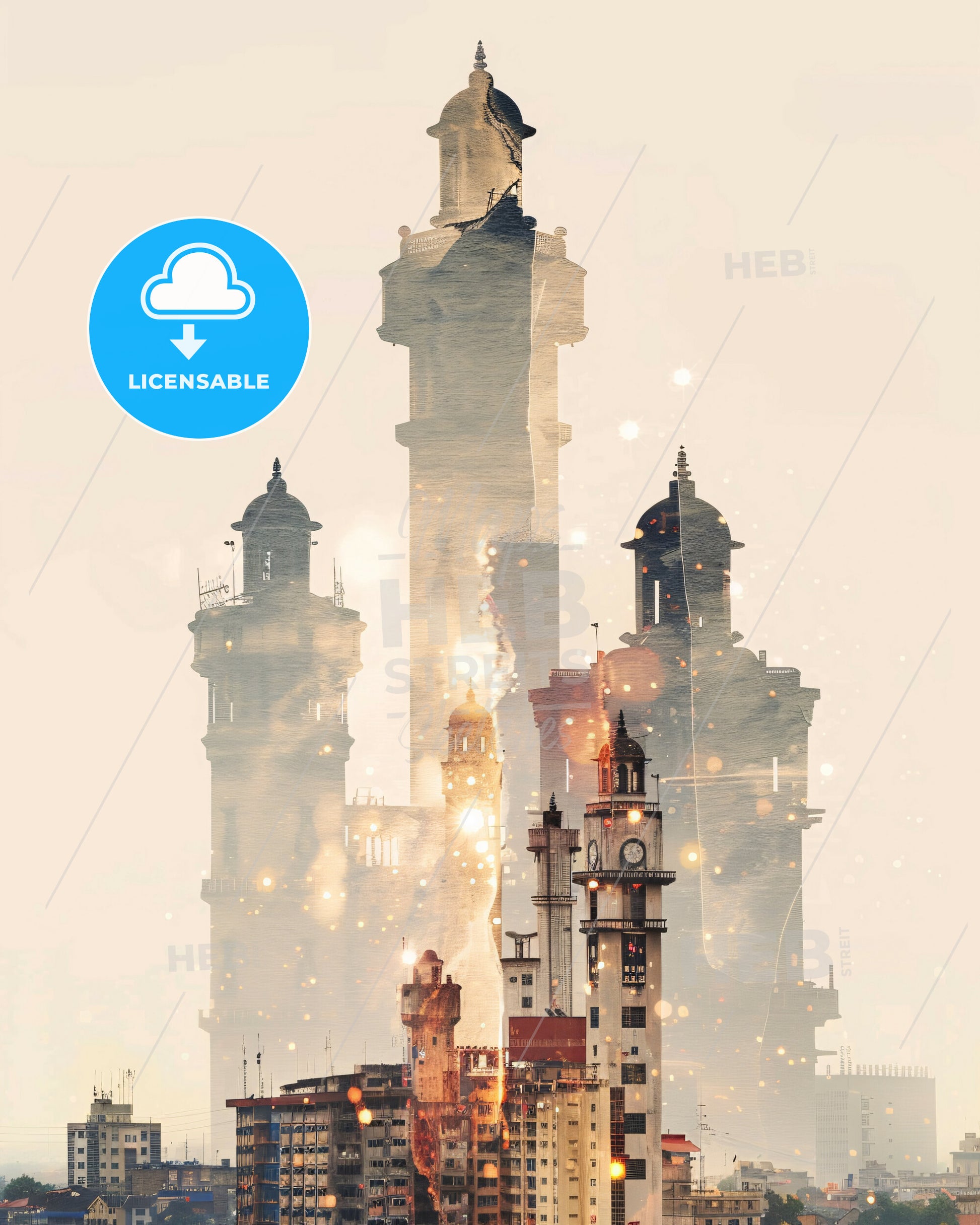 Ibadan: City Sparks in Silhouette - A city skyline with towers and fire