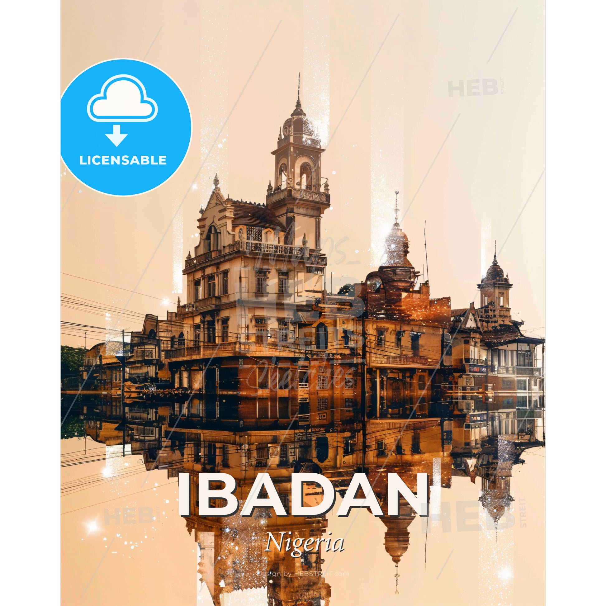 Ibadan: Neon Skyline Oasis Double Exposure Art - A building with a tower and a tower on the side of it - Square format print template