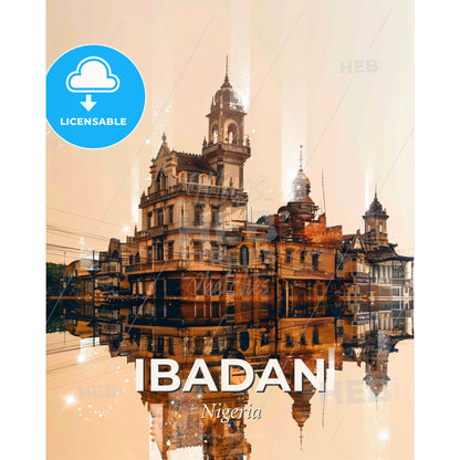 Ibadan: Neon Skyline Oasis Double Exposure Art - A building with a tower and a tower on the side of it - Square format print template