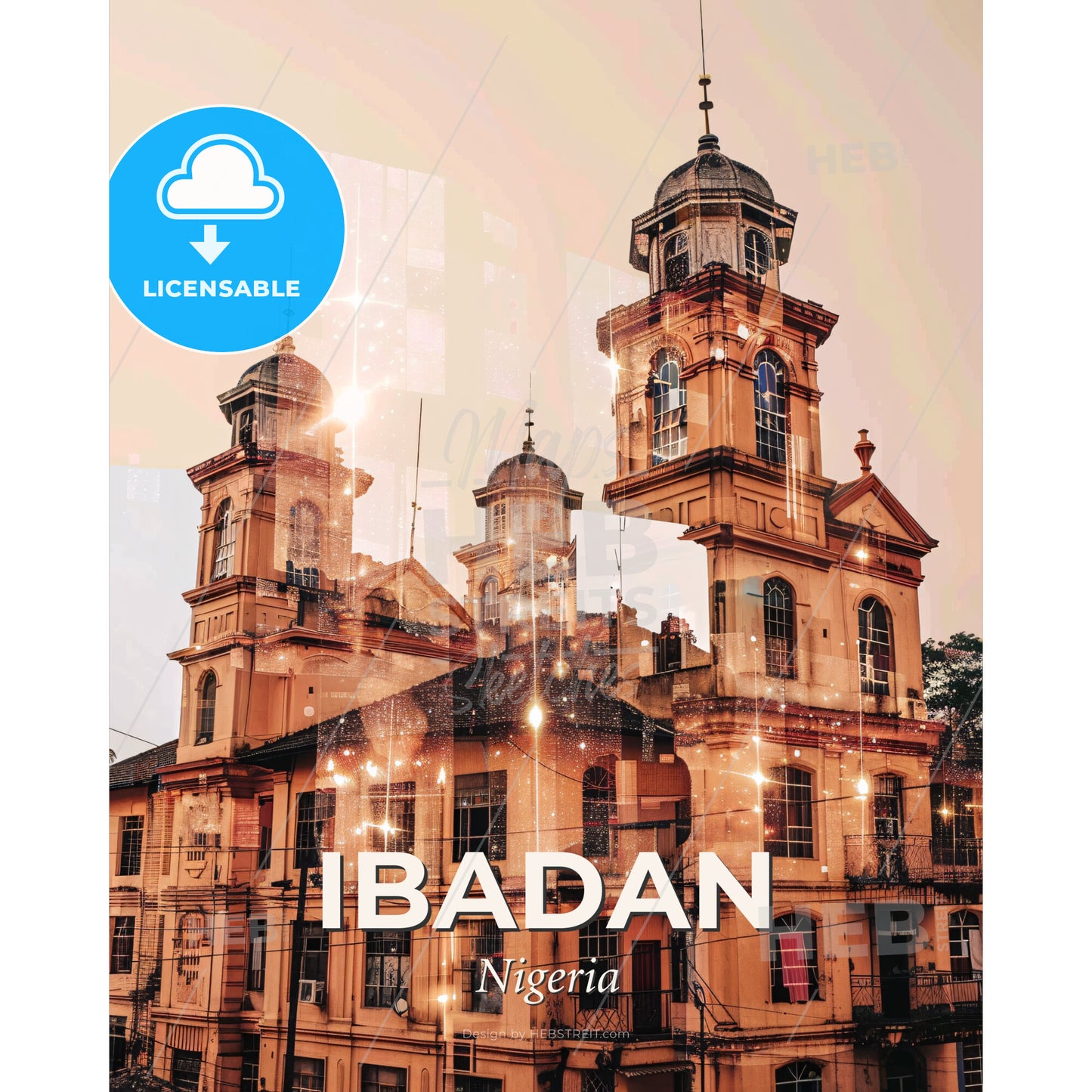 Ibadan: Skyline Composite Art with Local Flare - A building with a tower - Square format print template