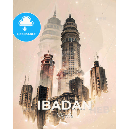 Ibadan Skyline Art: Double Exposure Wonder - A city with tall buildings - Square format print template