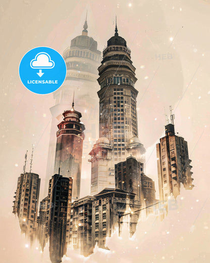 Ibadan Skyline Art: Double Exposure Wonder - A city with tall buildings