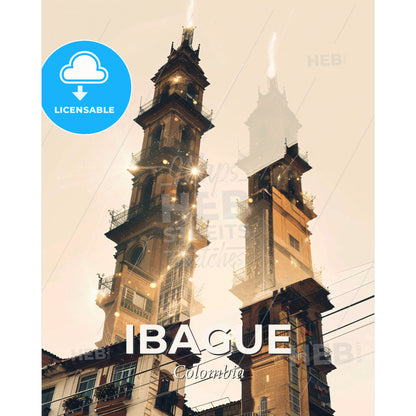 Ibague City Double Exposure Art Skyline Poster - A tall building with towers - Square format print template