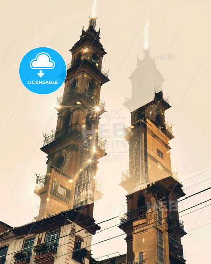 Ibague City Double Exposure Art Skyline Poster - A tall building with towers