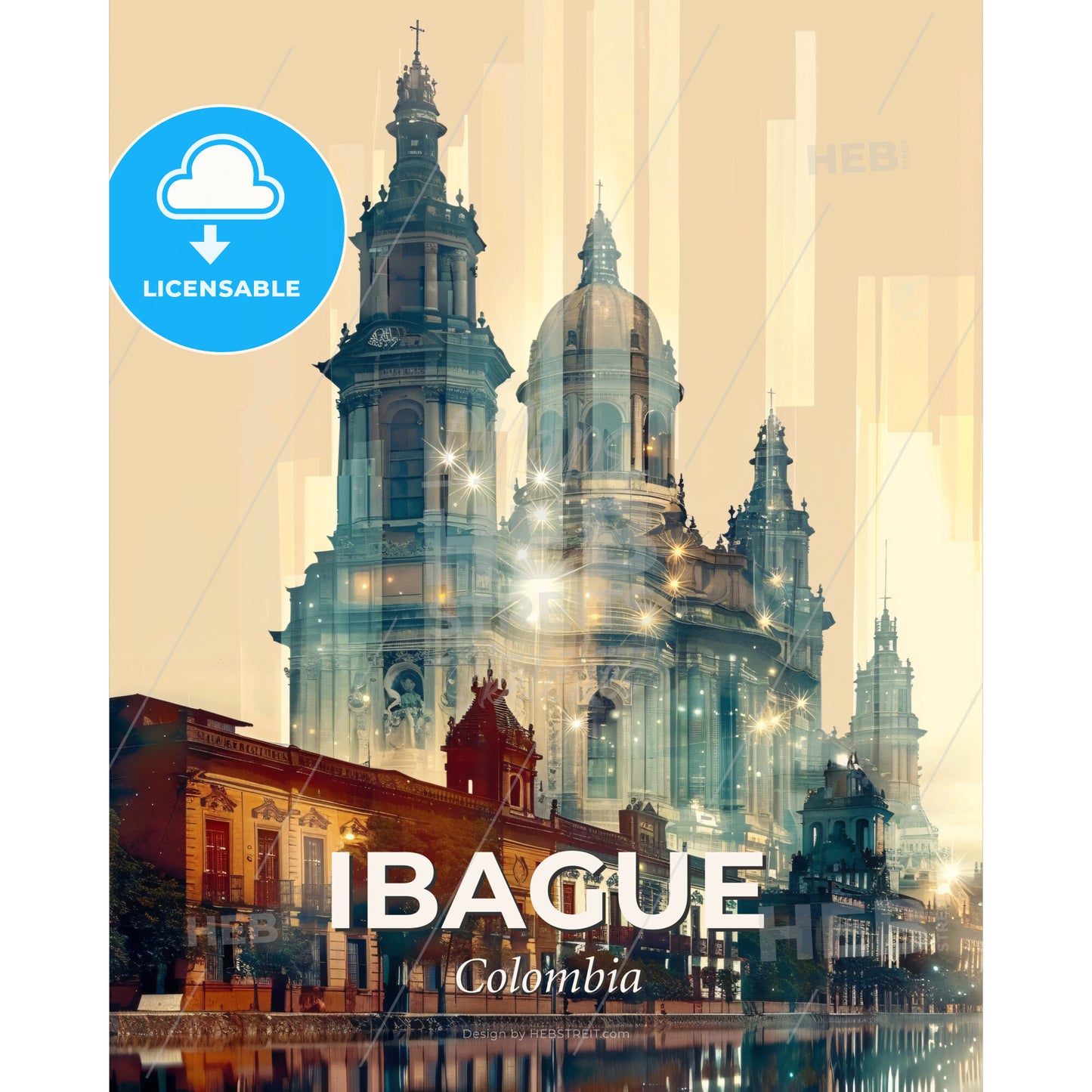Ibague City Skyline Art Deco Poster - A building with towers and a street in the background - Square format print template