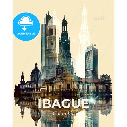 Ibague Skyline and Icons Double Exposure Art - A city with many tall buildings - Square format print template