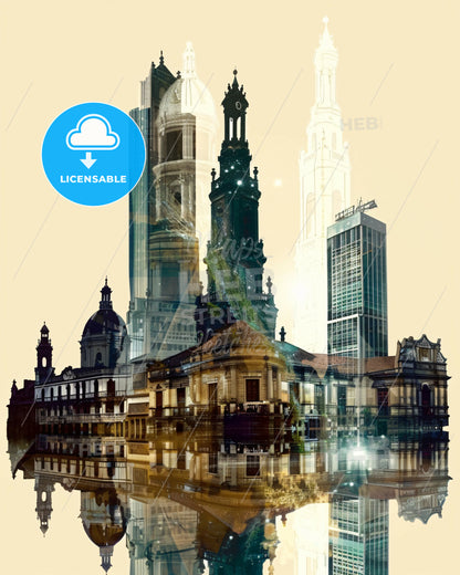 Ibague Skyline and Icons Double Exposure Art - A city with many tall buildings