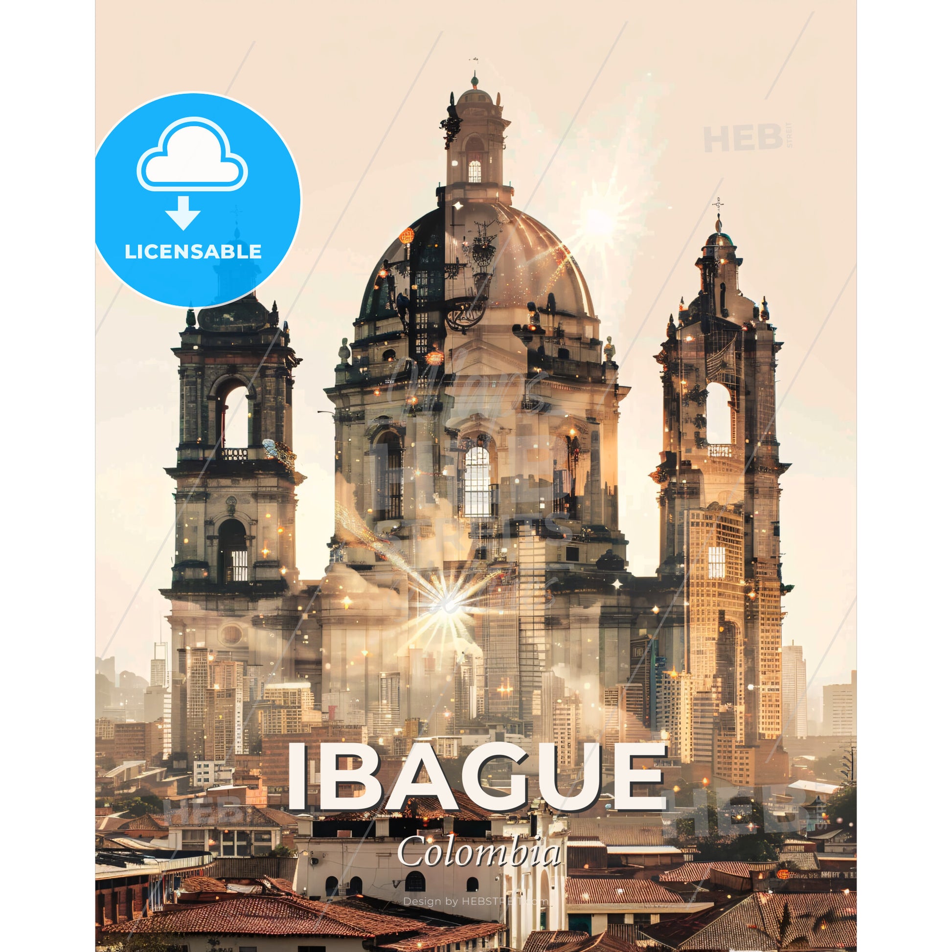 Ibague: Architecture Icons in a Double Exposure Skyline - A large building with a dome and a dome on top - Square format print template