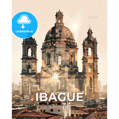 Ibague: Architecture Icons in a Double Exposure Skyline - A large building with a dome and a dome on top - Square format print template