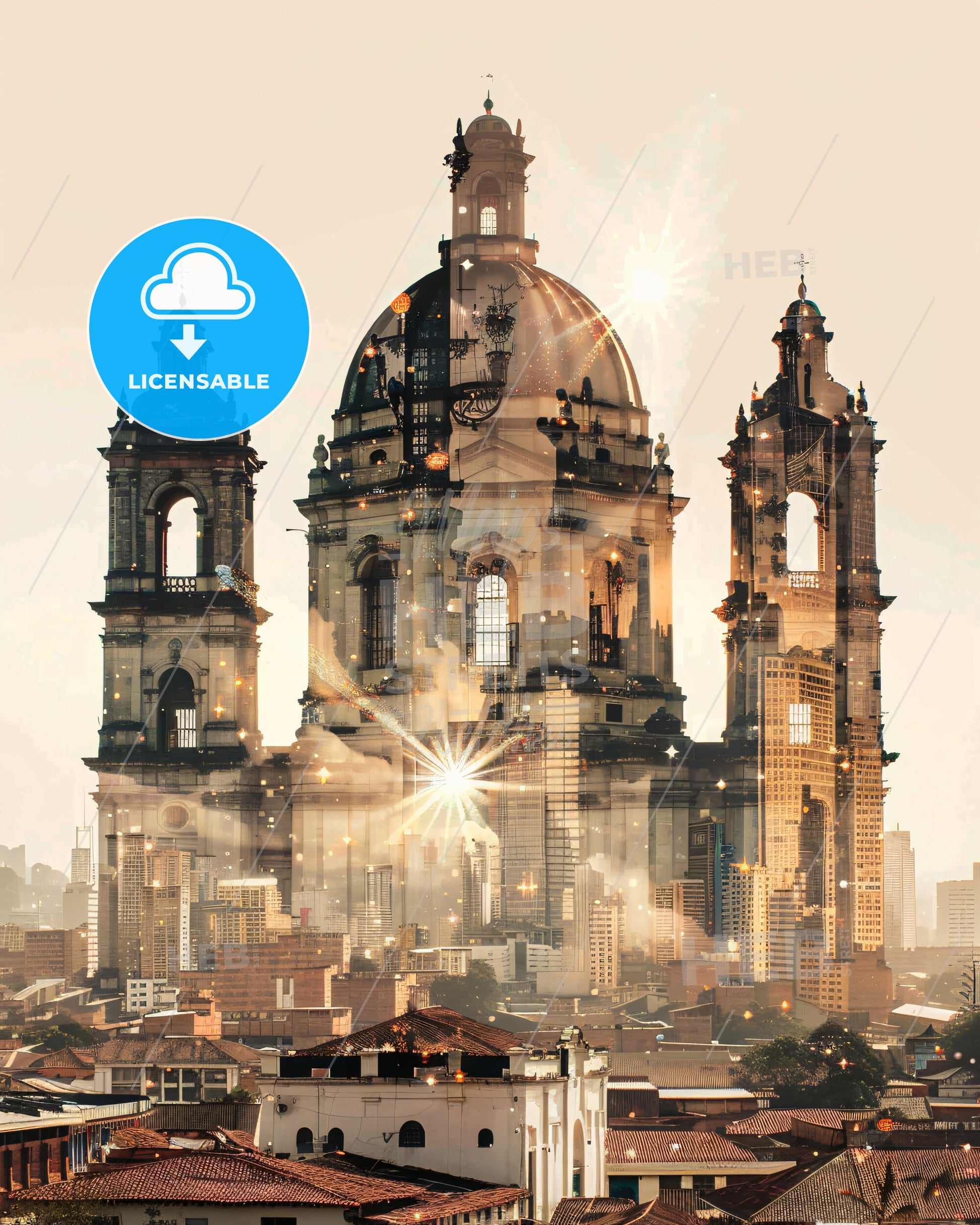 Ibague: Architecture Icons in a Double Exposure Skyline - A large building with a dome and a dome on top