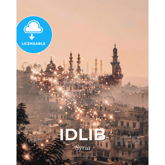 Idlib Skyline Poster: A Tapestry of Local Architecture - A city with many towers and towers and lights - Square format print template