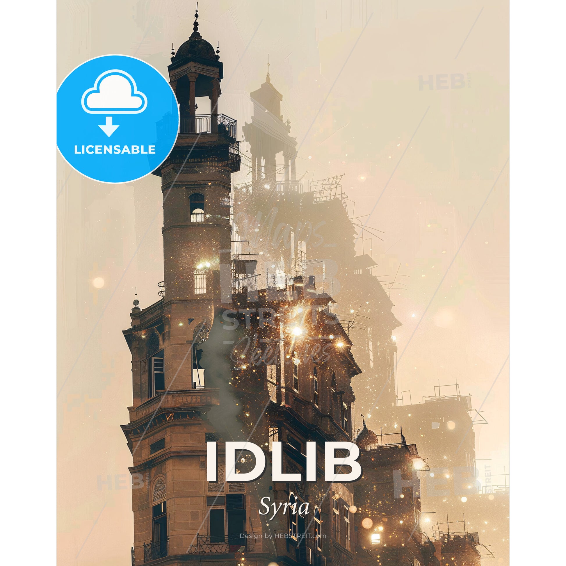 Idlib City Skyline Composite Art Bright Beige - A building with a tower and smoke coming out of it - Square format print template