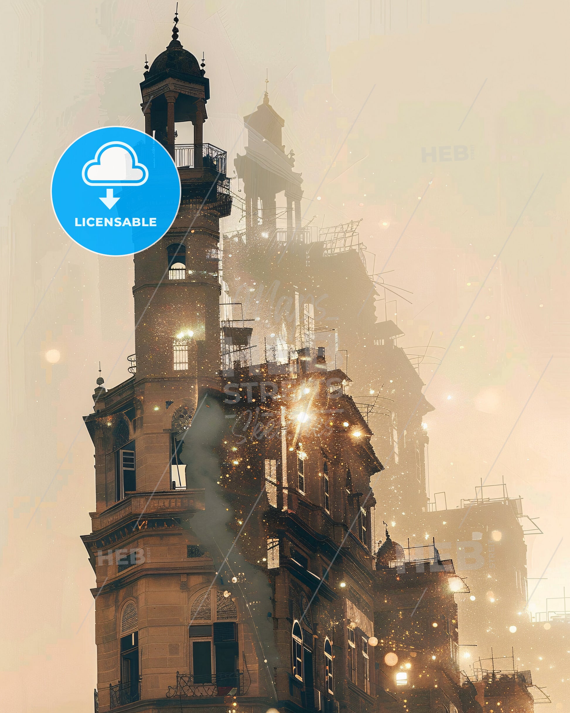 Idlib City Skyline Composite Art Bright Beige - A building with a tower and smoke coming out of it