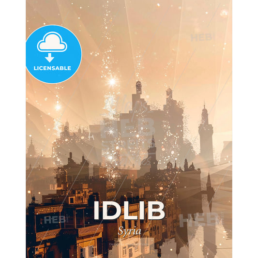 Idlib's Skyline Double Exposure Cityscape Art Poster - A city with many buildings and fireworks - Square format print template