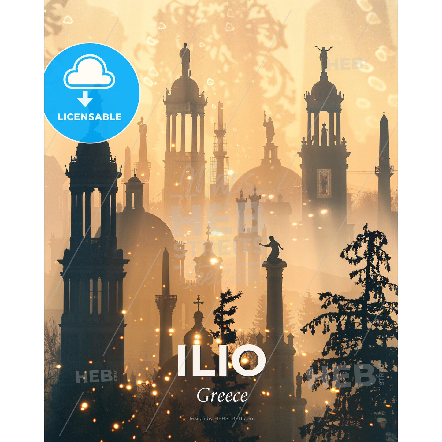 Ilio, Greece: City Icons in a Double Exposure - St. George Utah Temple with tall buildings and statues - Square format print template