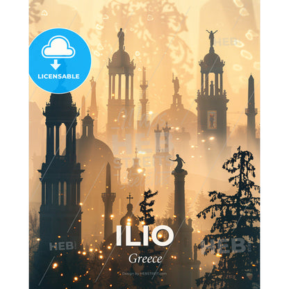 Ilio, Greece: City Icons in a Double Exposure - St. George Utah Temple with tall buildings and statues - Square format print template