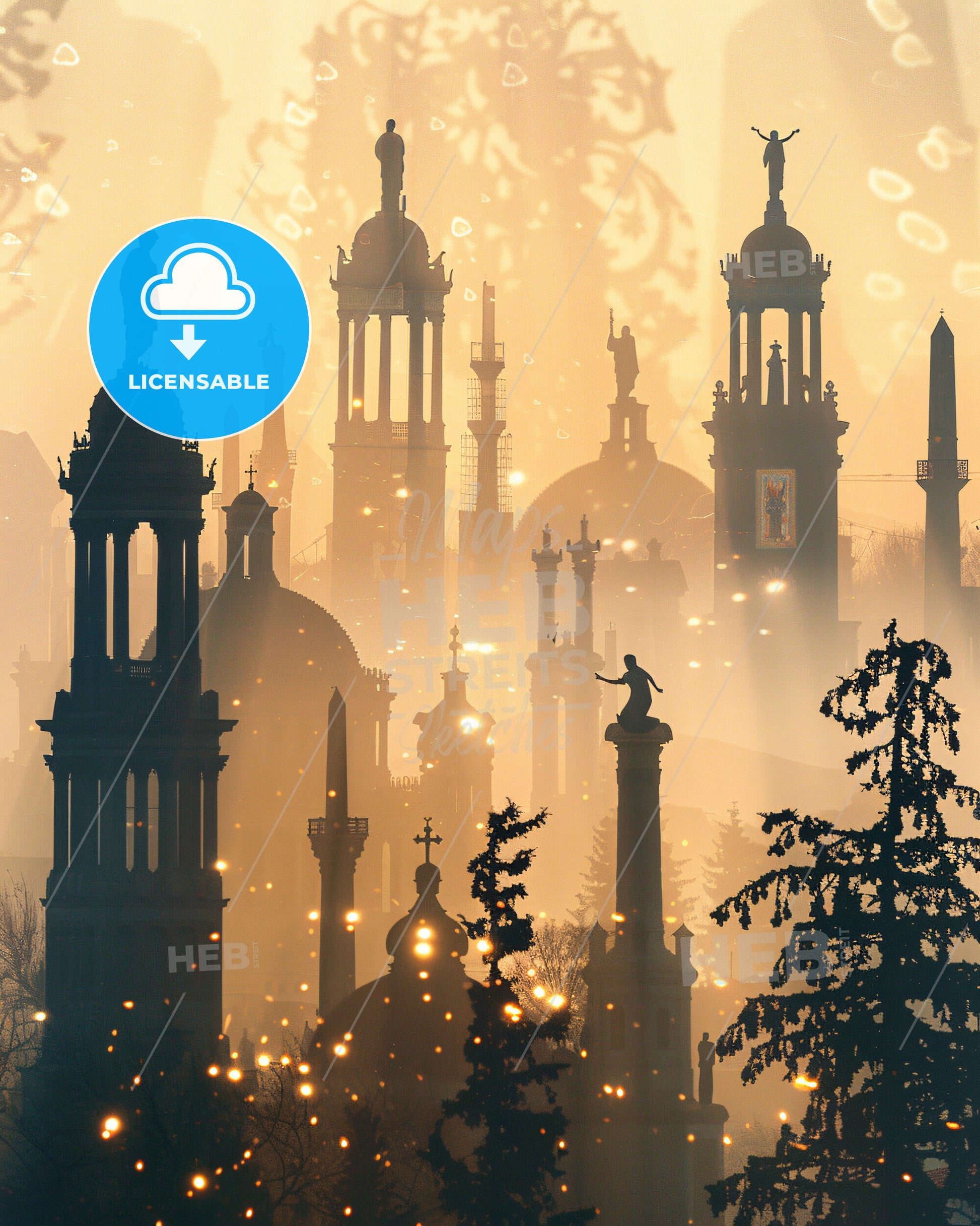 Ilio, Greece: City Icons in a Double Exposure - St. George Utah Temple with tall buildings and statues