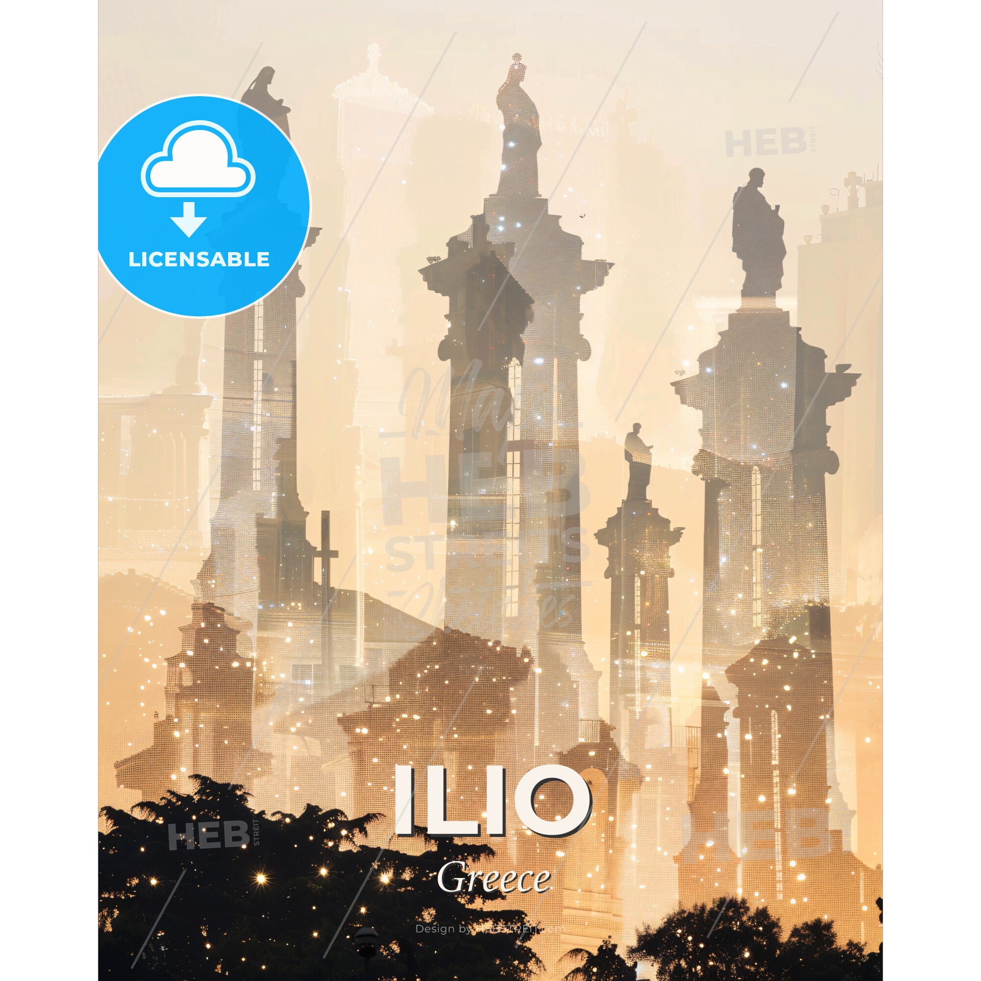 Ilio Greece Silhouette Cityscape Poster Art - A group of statues in a city - Square format print template