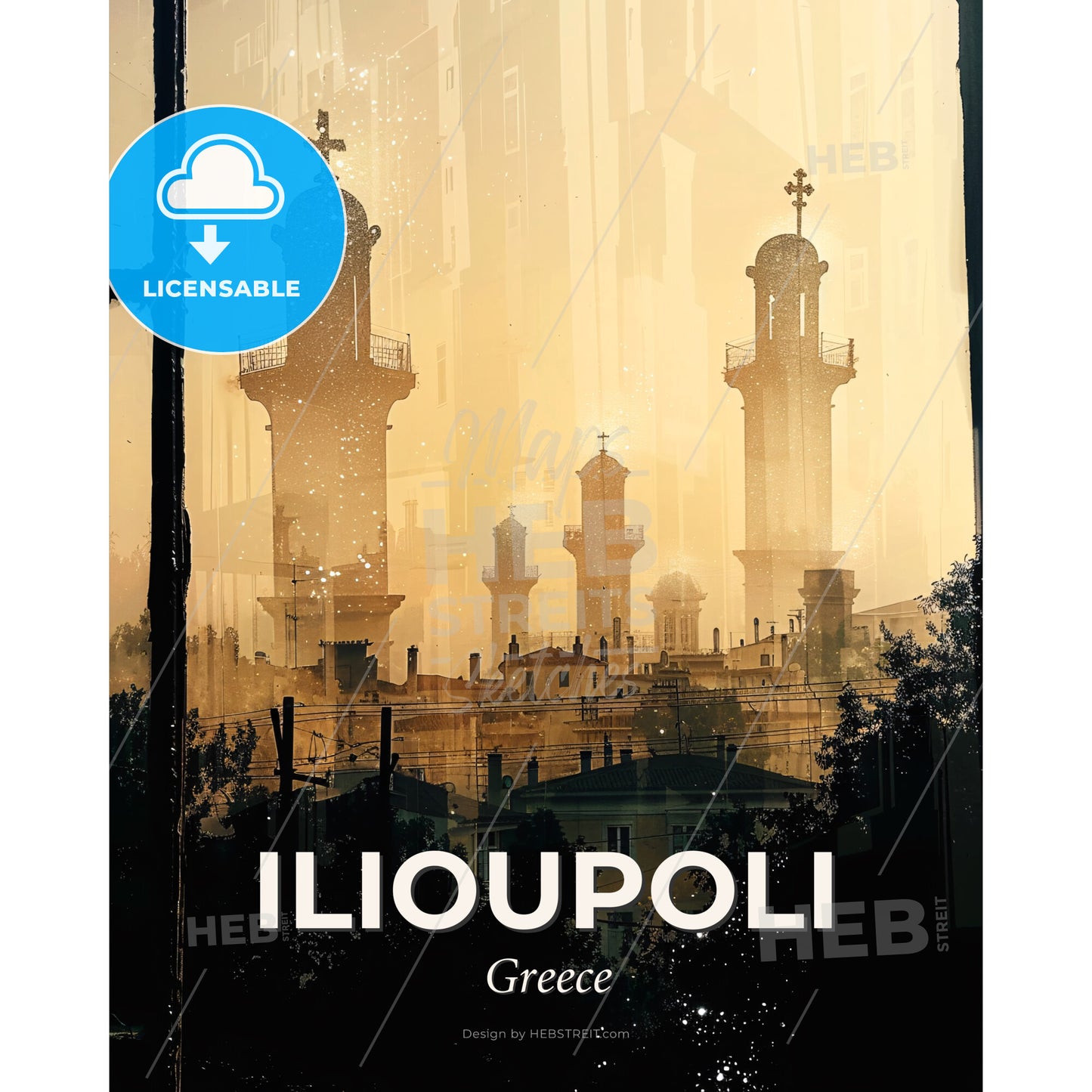Ilioupoli Skyline Composite Art Poster - A window with a view of a city - Square format print template
