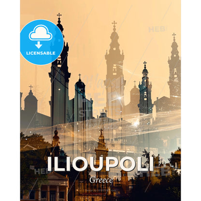 Ilioupoli, Greece: City Skyline Silhouette Art Poster - A city with towers and lights - Square format print template