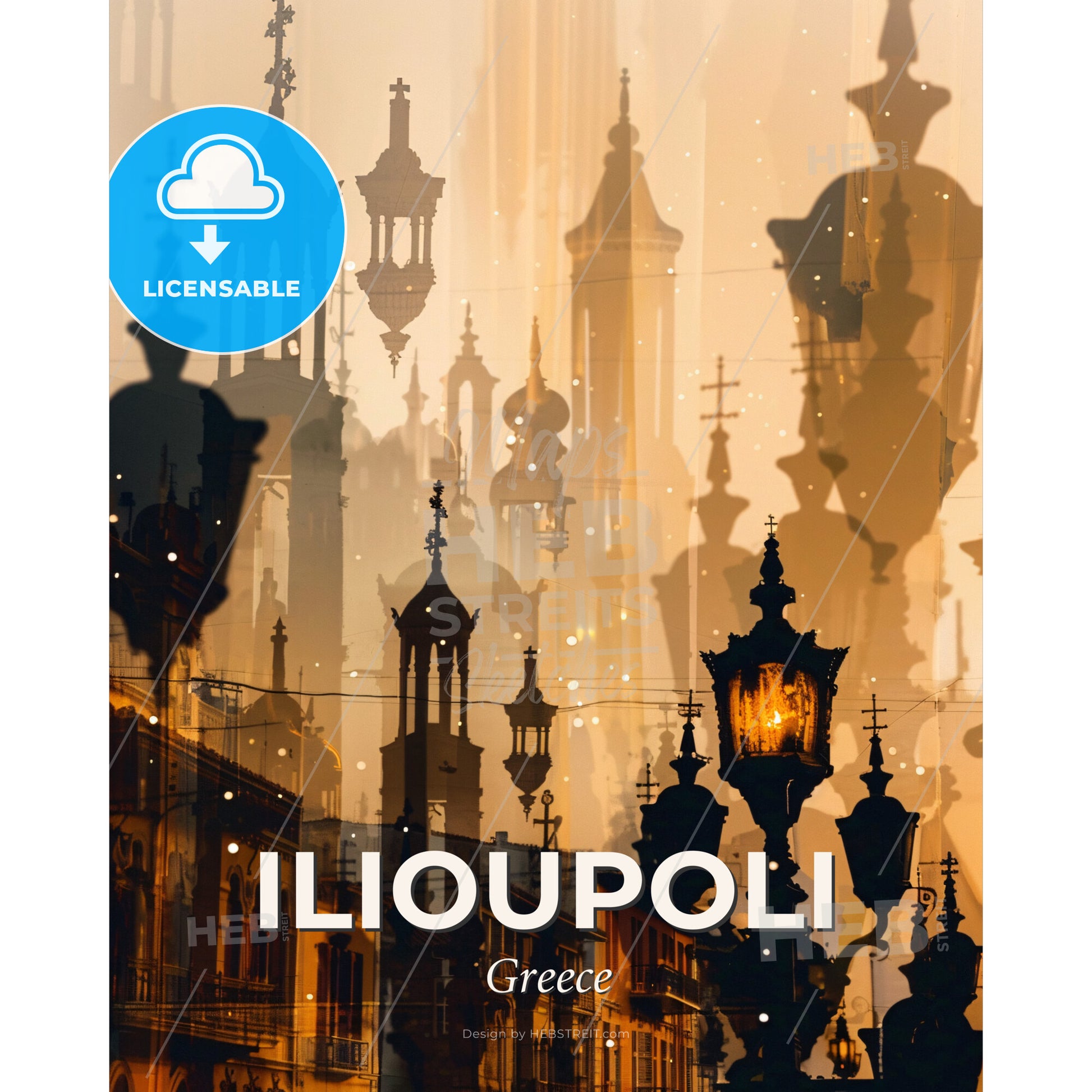 Ilioupolis Skyline Artistic Nightfall Poster - A city street lights and towers - Square format print template