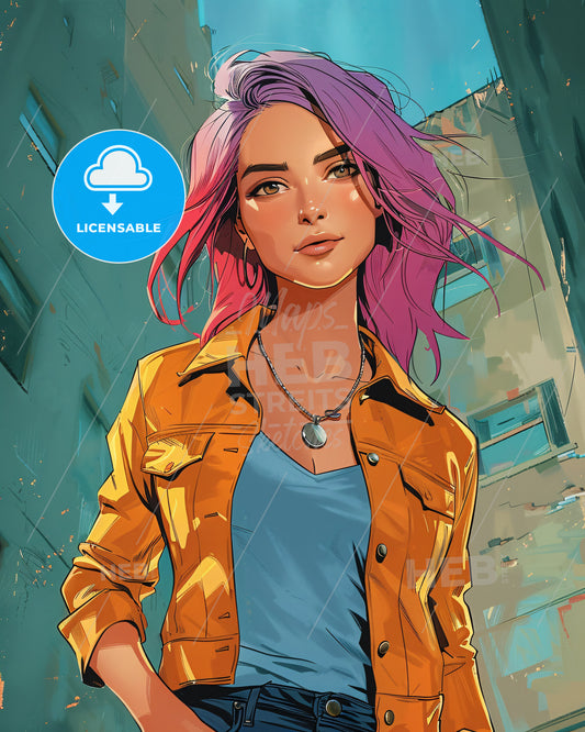 Exquisitely Detailed Abstract Art Portrait - A woman with pink hair and a yellow jacket